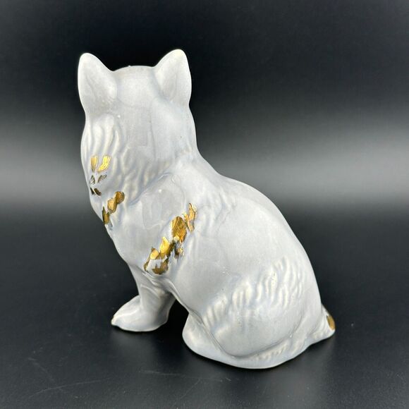 Vintage Porcelain Hand-painted Gold on Gray Sitting Cat Figurine 4.25" H - Picture 7 of 10